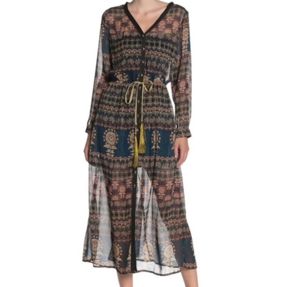 Aratta Silent Journey Me & You Printed Boho Sheer Maxi Duster Dress CottageCore